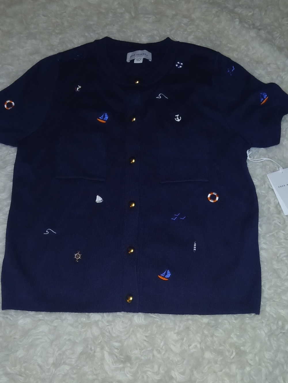 Short-Sleeve Navy Embroidered Nautical Crew Cardigan